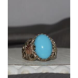 Black Hills Sterling Silver & 12k Turquoise Leaves Ring 5.48G / Sz 6
